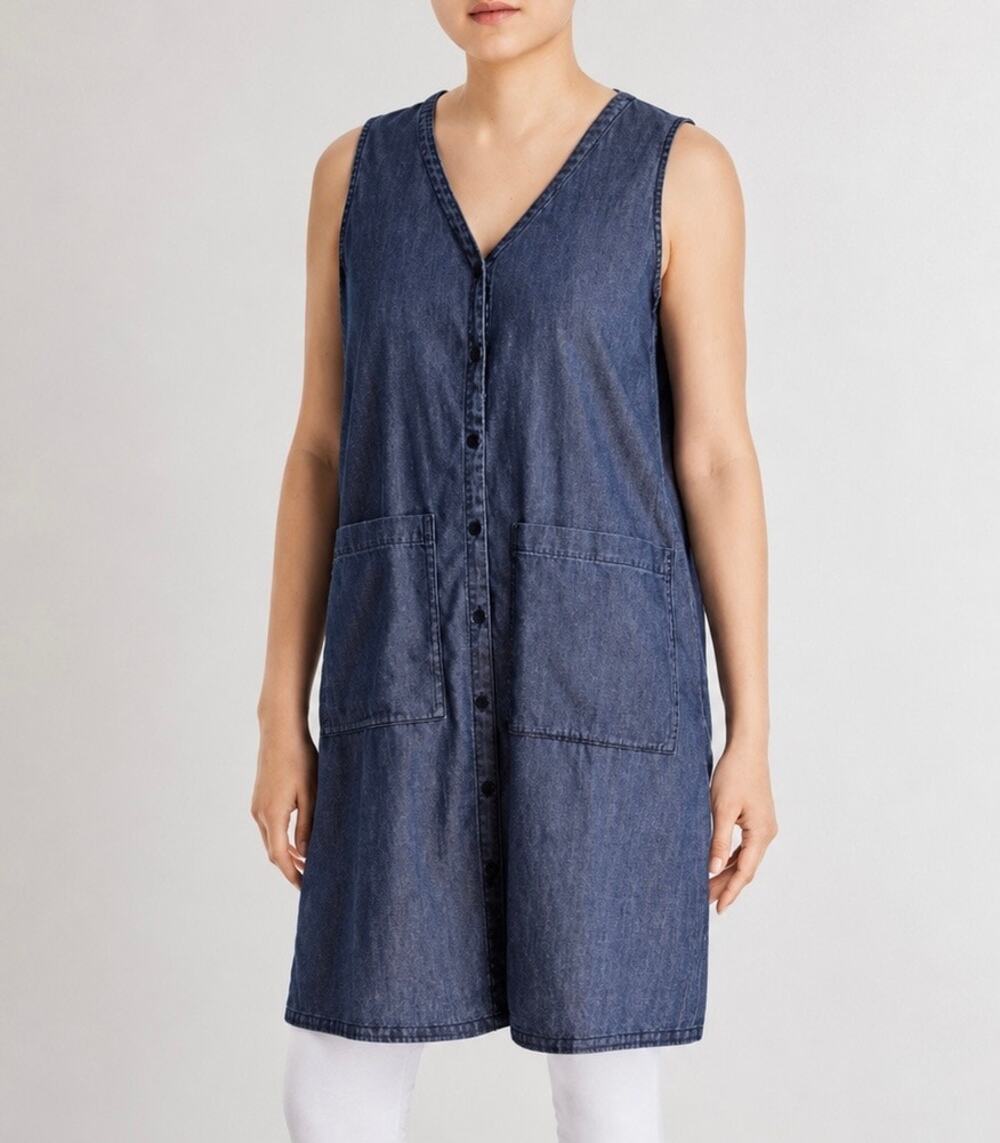 Eileen Fisher Organic Cotton Chambray Sleeveless Button Tunic Top Size Small NWT